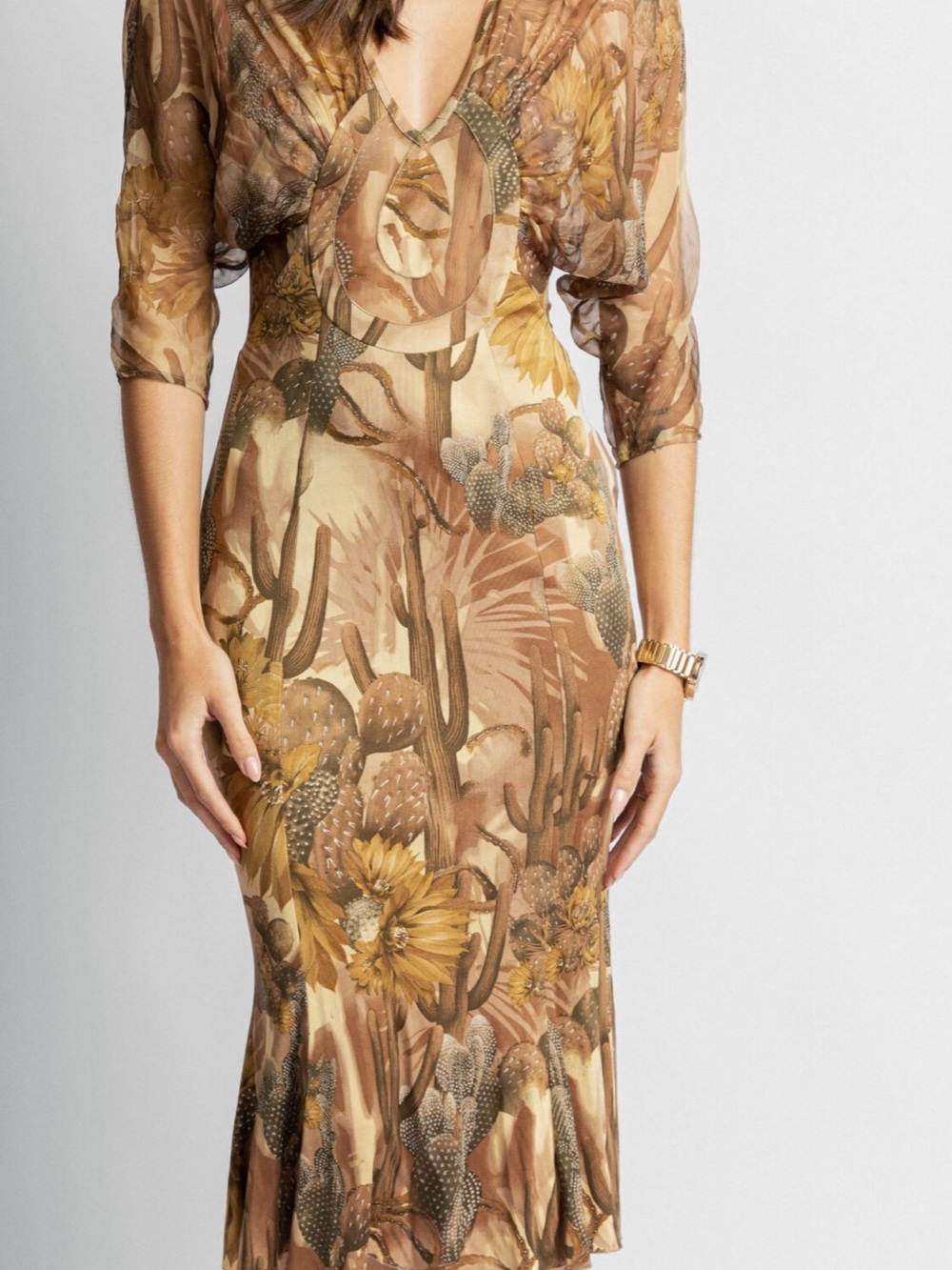 VERSACE VINTAGE SPRING/SUMMER 2006 CACTUS PRINT SILK CHIFFON DRESS - Picture 4 of 17